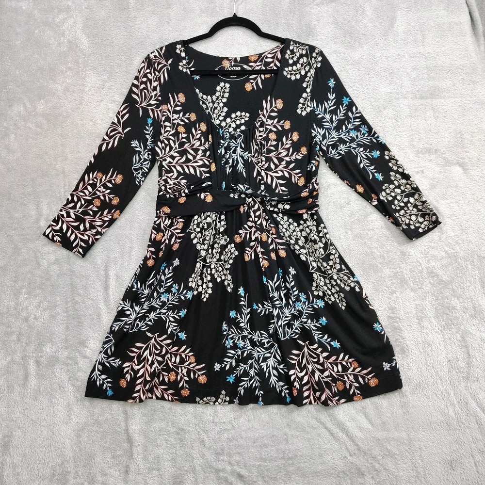 Soma Live Lounge Wear Dress Medium Black 3/4 Sleeve Tunic Top Cover-up Pockets